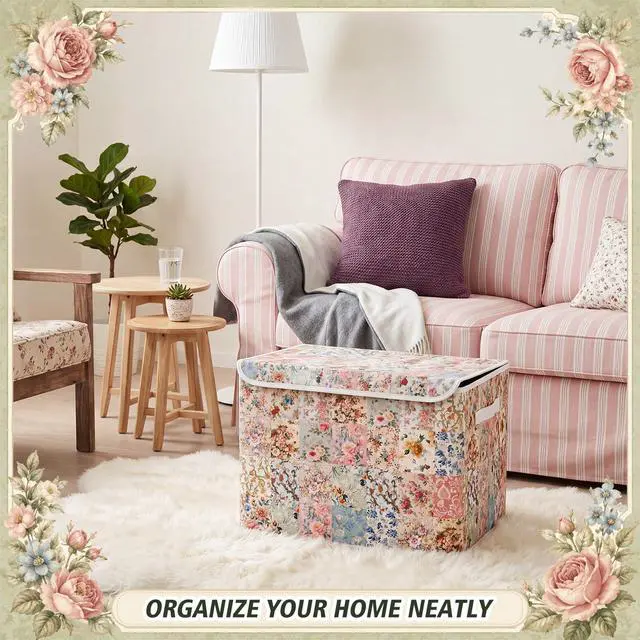 Alt view image 7 of 7 - Vintage Floral Storage Bin with Lid and Carrying Handle Retro Flower Foldable Storage Box Large Farmhouse Decorative Collapsible Container Basket for Organizing Closet Home Bedroom Gift