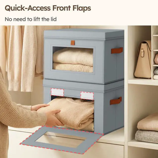Alt view image 3 of 7 - Storage Bins with Lids - Front Opening Storage Box with Clear Window & Handles, Stackable Foldable Fabric Bins for Closet Organization, Clothes, Sweaters, Towels, Blankets, 3 Pack, Grey
