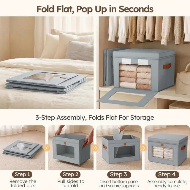 Alt view image 4 of 7 - Storage Bins with Lids - Front Opening Storage Box with Clear Window & Handles, Stackable Foldable Fabric Bins for Closet Organization, Clothes, Sweaters, Towels, Blankets, 3 Pack, Grey