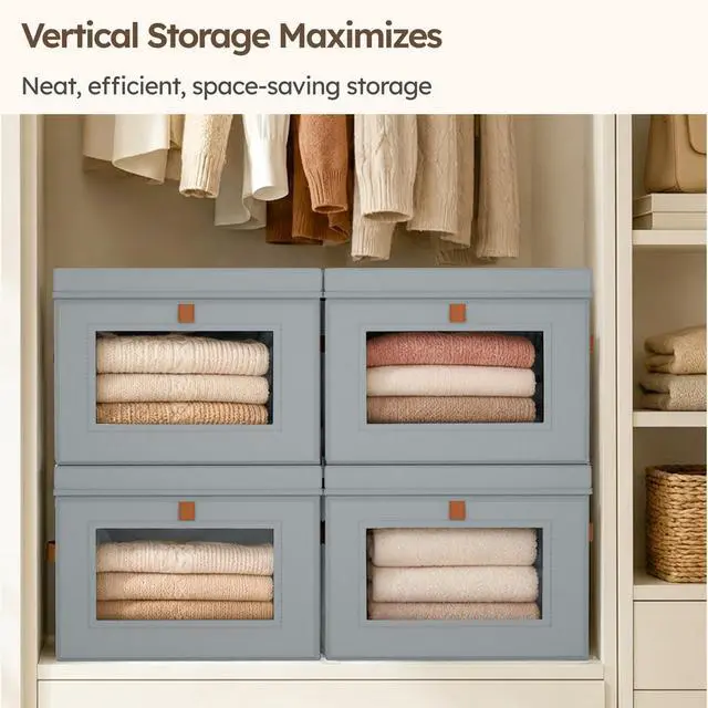 Alt view image 5 of 7 - Storage Bins with Lids - Front Opening Storage Box with Clear Window & Handles, Stackable Foldable Fabric Bins for Closet Organization, Clothes, Sweaters, Towels, Blankets, 3 Pack, Grey
