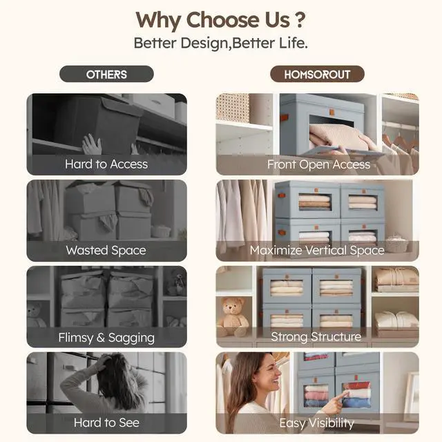 Alt view image 7 of 7 - Storage Bins with Lids - Front Opening Storage Box with Clear Window & Handles, Stackable Foldable Fabric Bins for Closet Organization, Clothes, Sweaters, Towels, Blankets, 3 Pack, Grey