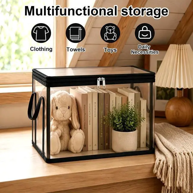 Alt view image 2 of 7 - 3 Pack Large Clear Thick Plastic Storage Box with Hinged Lid, Heavy-Duty High Capacity Organizer for Home, Camping, Travel, Attic, Moving, Books, Toys and Office Supplies