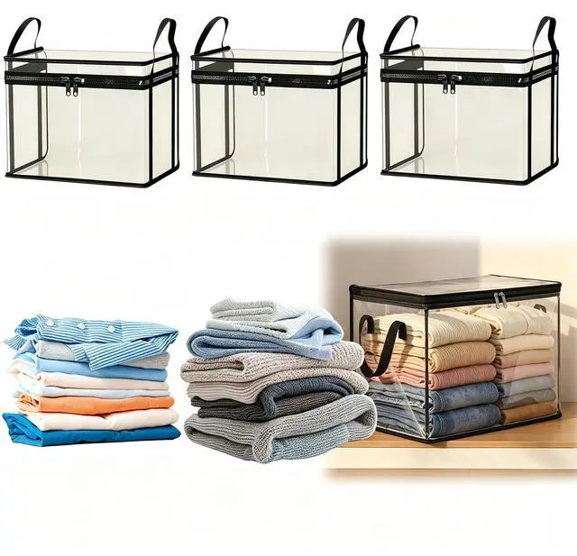 Main image of 3 Pack Large Clear Thick Plastic Storage Box with Hinged Lid, Heavy-Duty High Capacity Organizer for Home, Camping, Travel, Attic, Moving, Books, Toys and Office Supplies