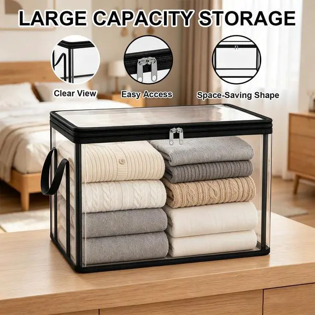 Alt view image 4 of 7 - 3 Pack Large Clear Thick Plastic Storage Box with Hinged Lid, Heavy-Duty High Capacity Organizer for Home, Camping, Travel, Attic, Moving, Books, Toys and Office Supplies