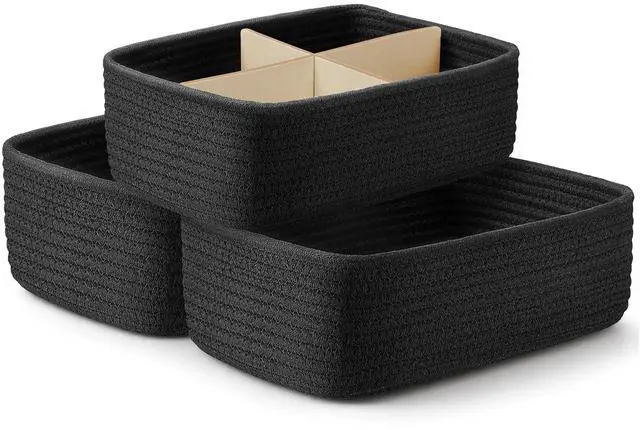 Main image of 3 Pack Small Baskets for Organizing, Woven Storage Baskets for Shelves | 11.8x7.8x3.8 in Cotton Rope Baskets, Toy Baskets Storage Kids, Basket Organizer, for Living Room, Bedroom, Nursery, Black
