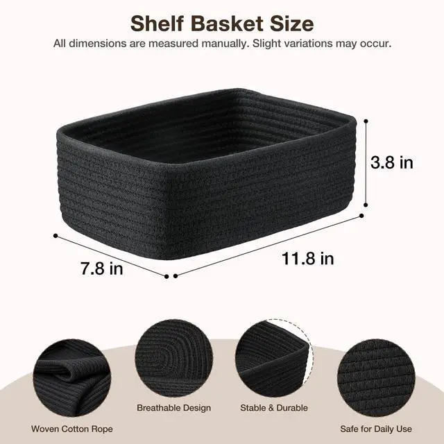 Alt view image 2 of 7 - 3 Pack Small Baskets for Organizing, Woven Storage Baskets for Shelves | 11.8x7.8x3.8 in Cotton Rope Baskets, Toy Baskets Storage Kids, Basket Organizer, for Living Room, Bedroom, Nursery, Black