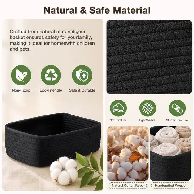 Alt view image 3 of 7 - 3 Pack Small Baskets for Organizing, Woven Storage Baskets for Shelves | 11.8x7.8x3.8 in Cotton Rope Baskets, Toy Baskets Storage Kids, Basket Organizer, for Living Room, Bedroom, Nursery, Black
