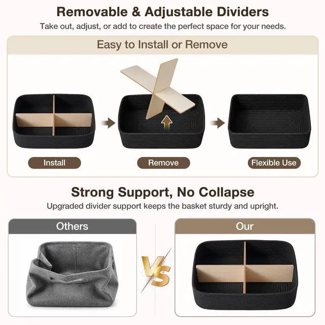 Alt view image 4 of 7 - 3 Pack Small Baskets for Organizing, Woven Storage Baskets for Shelves | 11.8x7.8x3.8 in Cotton Rope Baskets, Toy Baskets Storage Kids, Basket Organizer, for Living Room, Bedroom, Nursery, Black