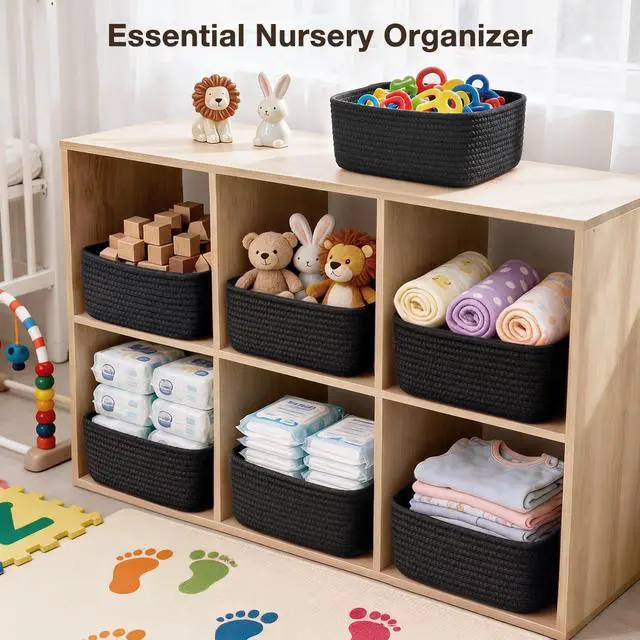 Alt view image 5 of 7 - 3 Pack Small Baskets for Organizing, Woven Storage Baskets for Shelves | 11.8x7.8x3.8 in Cotton Rope Baskets, Toy Baskets Storage Kids, Basket Organizer, for Living Room, Bedroom, Nursery, Black