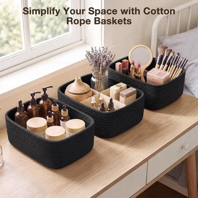 Alt view image 6 of 7 - 3 Pack Small Baskets for Organizing, Woven Storage Baskets for Shelves | 11.8x7.8x3.8 in Cotton Rope Baskets, Toy Baskets Storage Kids, Basket Organizer, for Living Room, Bedroom, Nursery, Black