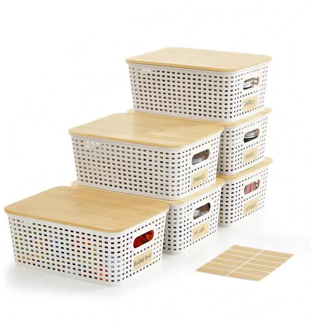 Main image of Small Plastic Storage Bins with Bamboo Lids 5.2qt Stackable Box Basket Pantry Decorative Containers Cute with Labels for Organizing Desktop Closet Office Cream White of 6 packs 10*7.2*4.1"