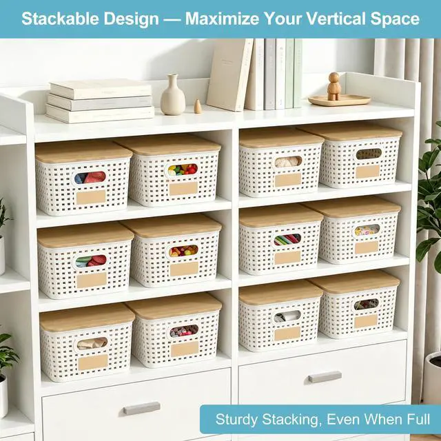 Alt view image 3 of 7 - Small Plastic Storage Bins with Bamboo Lids 5.2qt Stackable Box Basket Pantry Decorative Containers Cute with Labels for Organizing Desktop Closet Office Cream White of 6 packs 10*7.2*4.1"