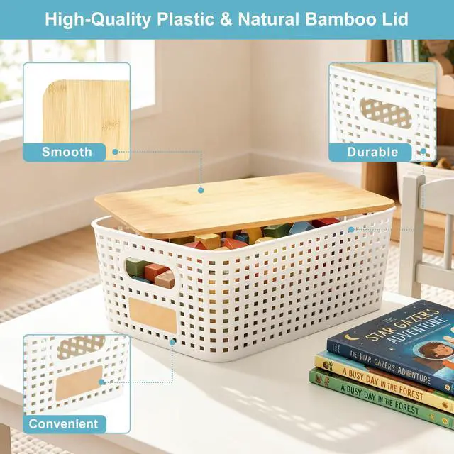 Alt view image 2 of 7 - Small Plastic Storage Bins with Bamboo Lids 5.2qt Stackable Box Basket Pantry Decorative Containers Cute with Labels for Organizing Desktop Closet Office Cream White of 6 packs 10*7.2*4.1"