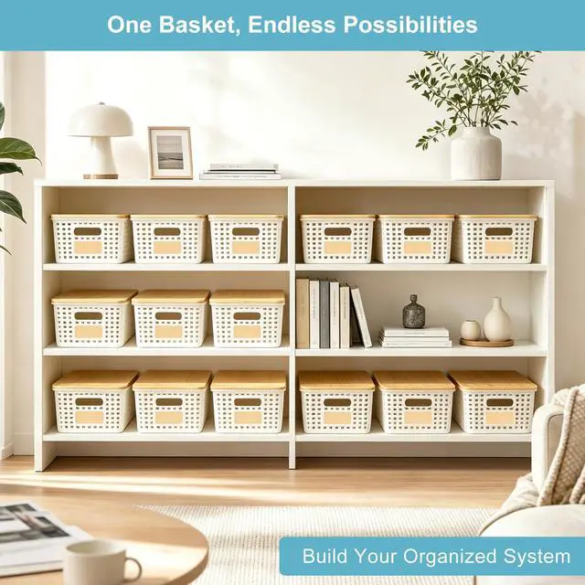 Alt view image 6 of 7 - Small Plastic Storage Bins with Bamboo Lids 5.2qt Stackable Box Basket Pantry Decorative Containers Cute with Labels for Organizing Desktop Closet Office Cream White of 6 packs 10*7.2*4.1"