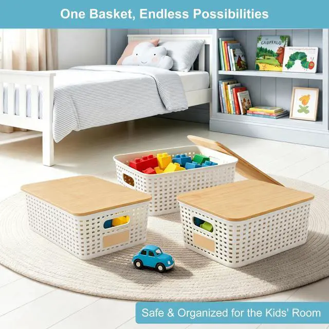 Alt view image 4 of 7 - Small Plastic Storage Bins with Bamboo Lids 5.2qt Stackable Box Basket Pantry Decorative Containers Cute with Labels for Organizing Desktop Closet Office Cream White of 6 packs 10*7.2*4.1"