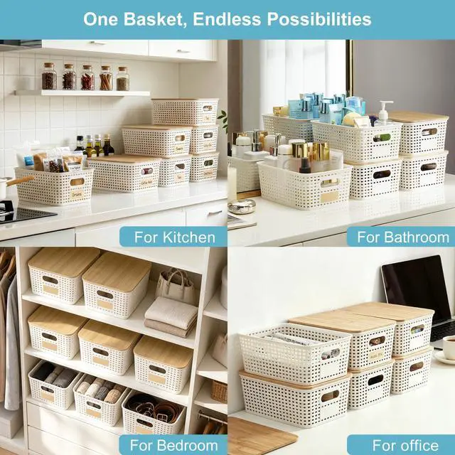 Alt view image 5 of 7 - Small Plastic Storage Bins with Bamboo Lids 5.2qt Stackable Box Basket Pantry Decorative Containers Cute with Labels for Organizing Desktop Closet Office Cream White of 6 packs 10*7.2*4.1"