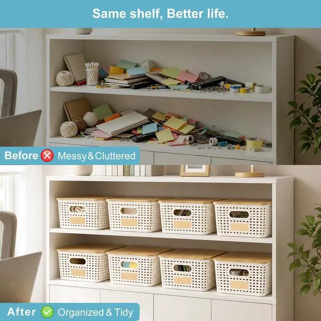 Alt view image 7 of 7 - Small Plastic Storage Bins with Bamboo Lids 5.2qt Stackable Box Basket Pantry Decorative Containers Cute with Labels for Organizing Desktop Closet Office Cream White of 6 packs 10*7.2*4.1"