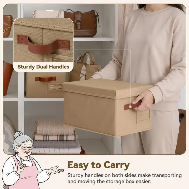 Alt view image 3 of 7 - Storage Bins with Lids, Decorative Storage Boxes with Lids | Storage Box with Dust Cover, Handles & Lable, Collapsible, Ideal for Closet Clothes Blanket Toys, Medium, Brown, 3-Pack