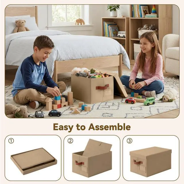 Alt view image 4 of 7 - Storage Bins with Lids, Decorative Storage Boxes with Lids | Storage Box with Dust Cover, Handles & Lable, Collapsible, Ideal for Closet Clothes Blanket Toys, Medium, Brown, 3-Pack
