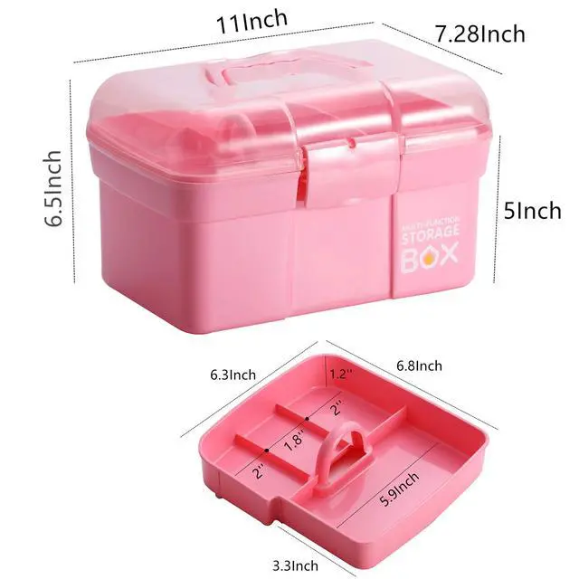 Alt view image 2 of 7 - 11'' Plastic Storage Box with Removable Tray, Multipurpose Organizer and Storage Case for Art Craft and Cosmetic (Pink)