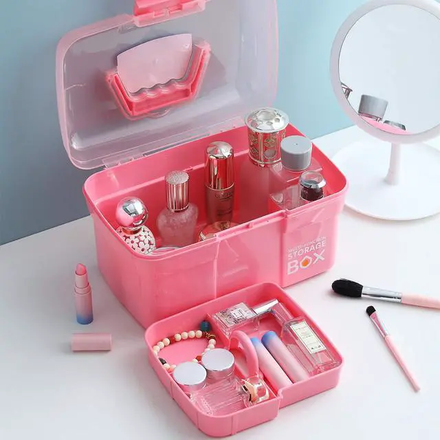Alt view image 5 of 7 - 11'' Plastic Storage Box with Removable Tray, Multipurpose Organizer and Storage Case for Art Craft and Cosmetic (Pink)
