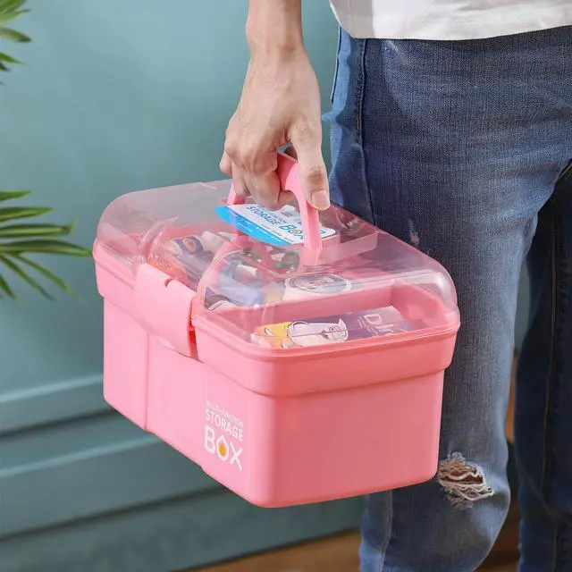 Alt view image 7 of 7 - 11'' Plastic Storage Box with Removable Tray, Multipurpose Organizer and Storage Case for Art Craft and Cosmetic (Pink)