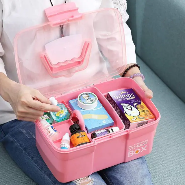 Alt view image 6 of 7 - 11'' Plastic Storage Box with Removable Tray, Multipurpose Organizer and Storage Case for Art Craft and Cosmetic (Pink)