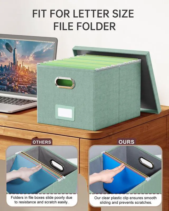 Alt view image 4 of 7 - File Organizer, File Box, File Cabinet for Letter File Folder Storage, Portable Storage Bins with Lids for Office/Decor/Home,Document Organizer, 1 Pack,Green-Box Only
