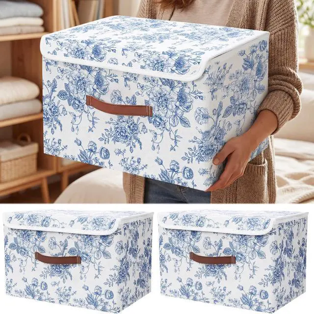 Main image of 2 Pack Blue Floral Storage Bin with Lids, 15x10x10 Inch | Large Decorative Storage Boxes with Handles Fabric Containers Porcelain Basket Cube Organizer for Clothes Nursery Home Dorm