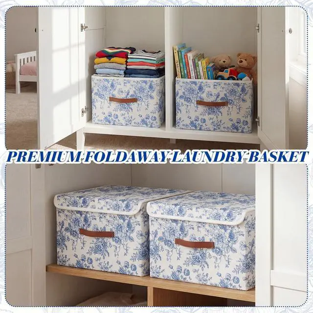 Alt view image 2 of 7 - 2 Pack Blue Floral Storage Bin with Lids, 15x10x10 Inch | Large Decorative Storage Boxes with Handles Fabric Containers Porcelain Basket Cube Organizer for Clothes Nursery Home Dorm
