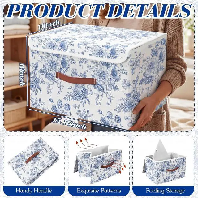 Alt view image 4 of 7 - 2 Pack Blue Floral Storage Bin with Lids, 15x10x10 Inch | Large Decorative Storage Boxes with Handles Fabric Containers Porcelain Basket Cube Organizer for Clothes Nursery Home Dorm