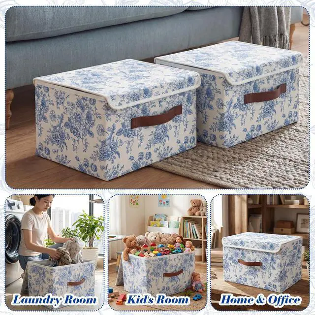 Alt view image 3 of 7 - 2 Pack Blue Floral Storage Bin with Lids, 15x10x10 Inch | Large Decorative Storage Boxes with Handles Fabric Containers Porcelain Basket Cube Organizer for Clothes Nursery Home Dorm