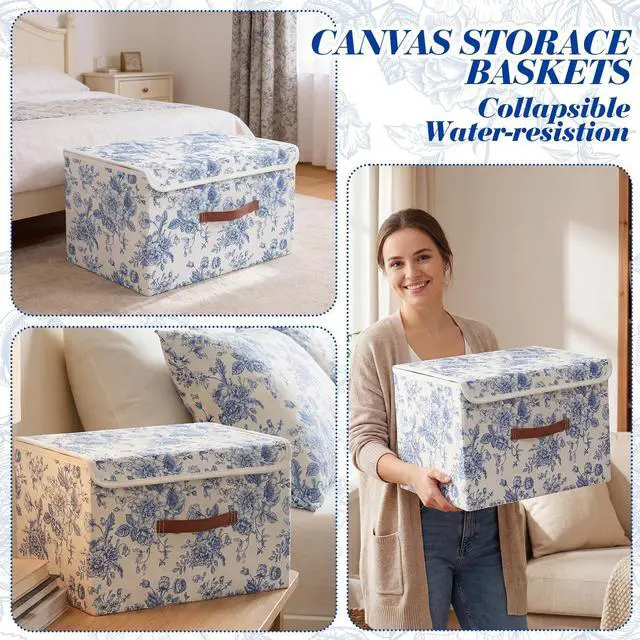 Alt view image 5 of 7 - 2 Pack Blue Floral Storage Bin with Lids, 15x10x10 Inch | Large Decorative Storage Boxes with Handles Fabric Containers Porcelain Basket Cube Organizer for Clothes Nursery Home Dorm