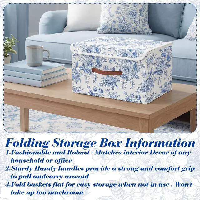 Alt view image 6 of 7 - 2 Pack Blue Floral Storage Bin with Lids, 15x10x10 Inch | Large Decorative Storage Boxes with Handles Fabric Containers Porcelain Basket Cube Organizer for Clothes Nursery Home Dorm