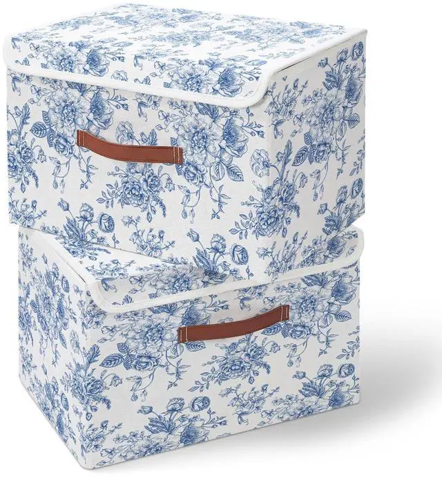 Alt view image 7 of 7 - 2 Pack Blue Floral Storage Bin with Lids, 15x10x10 Inch | Large Decorative Storage Boxes with Handles Fabric Containers Porcelain Basket Cube Organizer for Clothes Nursery Home Dorm