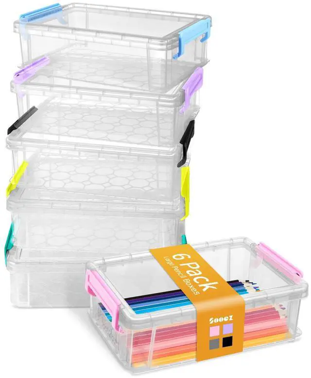 Main image of 6 Pack Extra Large Pencil Box, Plastic Pencil Case Crayon Box | Clear Marker Organizer Plastic Containers with Lid, Stackable Storage Boxes for Art Craft,Back to School Supplies, Multi