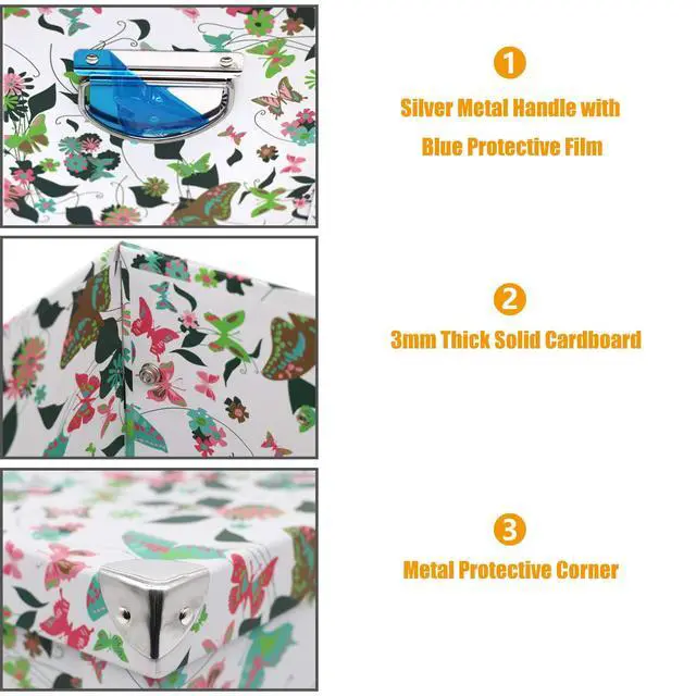 Alt view image 3 of 7 - Collapsible Storage Box, Decorative Memory Box with Lid & Metal Reinforced Corners, Cardboard File Bin with Handles, Organizer Gift Box for Keepsake Toy Photos Office Nursery Wardrobe Bookshelf