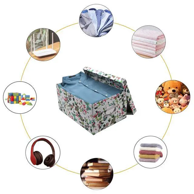 Alt view image 6 of 7 - Collapsible Storage Box, Decorative Memory Box with Lid & Metal Reinforced Corners, Cardboard File Bin with Handles, Organizer Gift Box for Keepsake Toy Photos Office Nursery Wardrobe Bookshelf