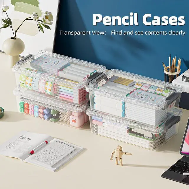 Alt view image 4 of 7 - 4 Pack Extra Large Pencil Box, Plastic Pencil Case Organizer, Clear Crayon Box Marker Organizer, Stackable Craft Organizers and Storage for Pen, Craft, Art Supply(Grey)