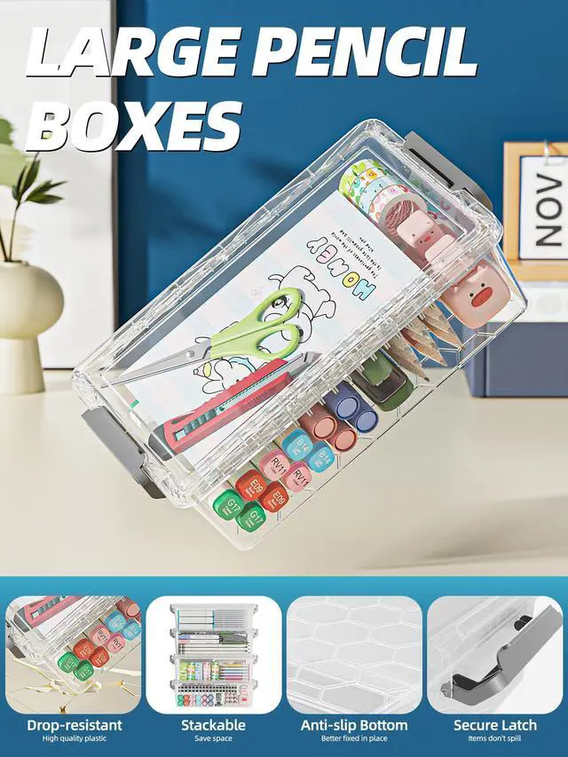 Alt view image 5 of 7 - 4 Pack Extra Large Pencil Box, Plastic Pencil Case Organizer, Clear Crayon Box Marker Organizer, Stackable Craft Organizers and Storage for Pen, Craft, Art Supply(Grey)