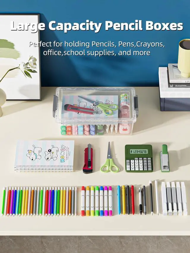 Alt view image 6 of 7 - 4 Pack Extra Large Pencil Box, Plastic Pencil Case Organizer, Clear Crayon Box Marker Organizer, Stackable Craft Organizers and Storage for Pen, Craft, Art Supply(Grey)
