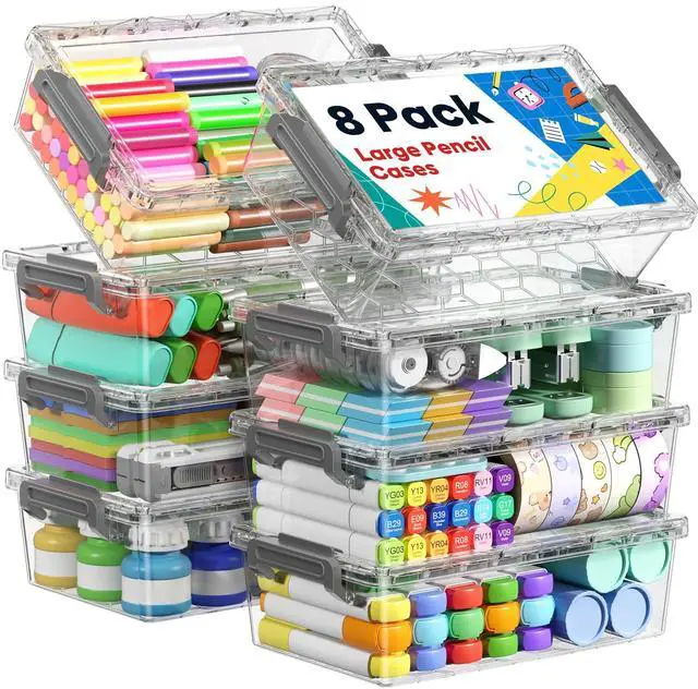 Main image of 8 Pack Large Pencil Box Set, Plastic Clear Pencil Case Marker Organizer, Crayon Box Craft Organizers, Stackable Storage Containers with Lid for Pen, Art and Craft Supplies(Grey)