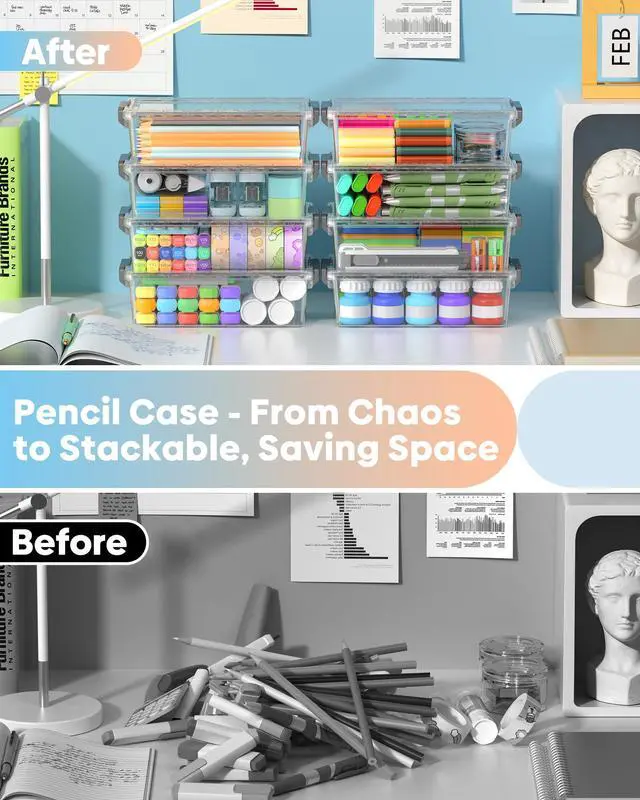 Alt view image 4 of 7 - 8 Pack Large Pencil Box Set, Plastic Clear Pencil Case Marker Organizer, Crayon Box Craft Organizers, Stackable Storage Containers with Lid for Pen, Art and Craft Supplies(Grey)