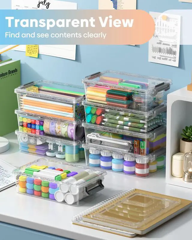 Alt view image 6 of 7 - 8 Pack Large Pencil Box Set, Plastic Clear Pencil Case Marker Organizer, Crayon Box Craft Organizers, Stackable Storage Containers with Lid for Pen, Art and Craft Supplies(Grey)