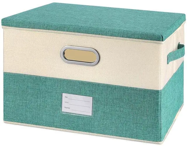 Main image of Large Linen Fabric Foldable Storage Bins with Removable Lid and Handles, Washable Storage Box Organizer Containers Baskets Cube with Cover for Bedroom,Closet,Office (Turquoise&Cream, Medium)