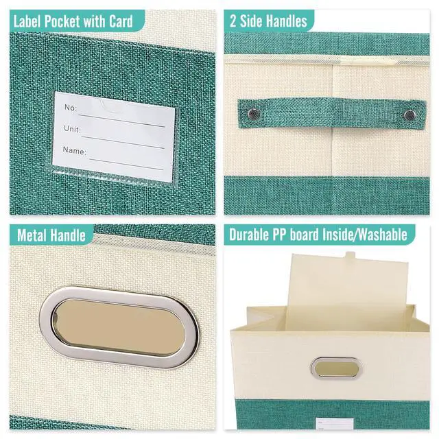Alt view image 2 of 4 - Large Linen Fabric Foldable Storage Bins with Removable Lid and Handles, Washable Storage Box Organizer Containers Baskets Cube with Cover for Bedroom,Closet,Office (Turquoise&Cream, Medium)