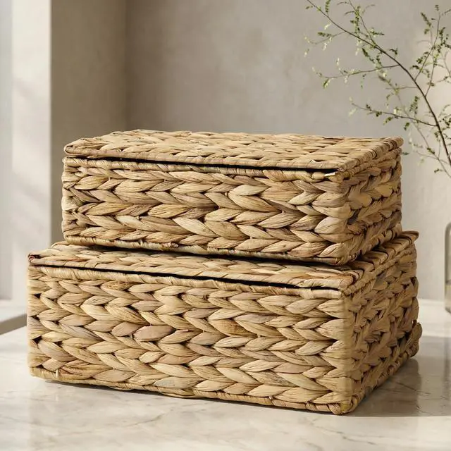 Main image of Storage Boxes with Lids - Set of 2 Wicker Organizer Shelf Bins | Beautiful Rattan Boho Design for Shelves and Home Decor - Safely Store Photos, Documents and Memory Box Keepsakes in Style