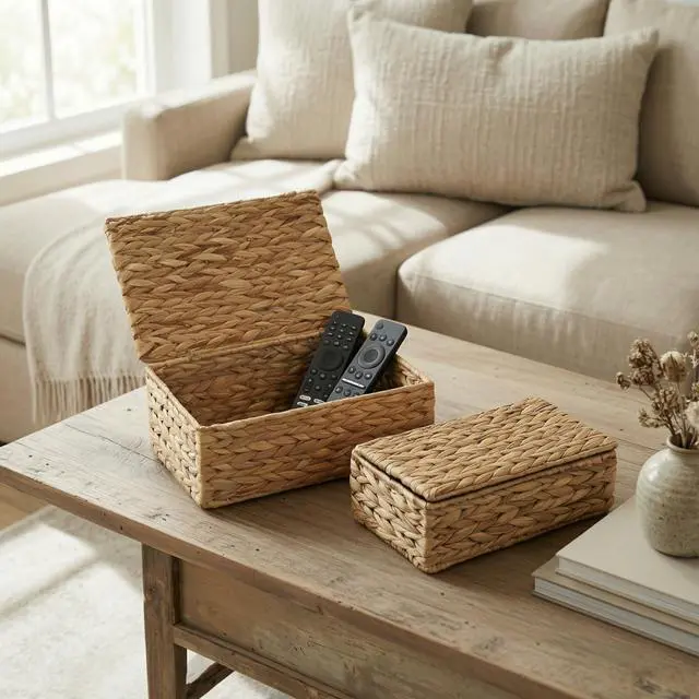 Alt view image 2 of 7 - Storage Boxes with Lids - Set of 2 Wicker Organizer Shelf Bins | Beautiful Rattan Boho Design for Shelves and Home Decor - Safely Store Photos, Documents and Memory Box Keepsakes in Style