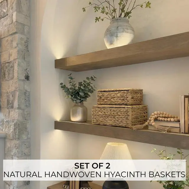 Alt view image 3 of 7 - Storage Boxes with Lids - Set of 2 Wicker Organizer Shelf Bins | Beautiful Rattan Boho Design for Shelves and Home Decor - Safely Store Photos, Documents and Memory Box Keepsakes in Style