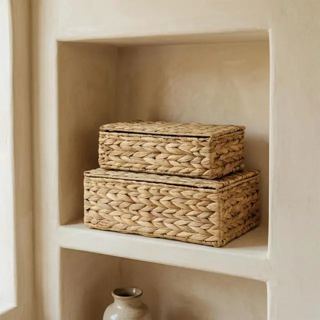 Alt view image 4 of 7 - Storage Boxes with Lids - Set of 2 Wicker Organizer Shelf Bins | Beautiful Rattan Boho Design for Shelves and Home Decor - Safely Store Photos, Documents and Memory Box Keepsakes in Style